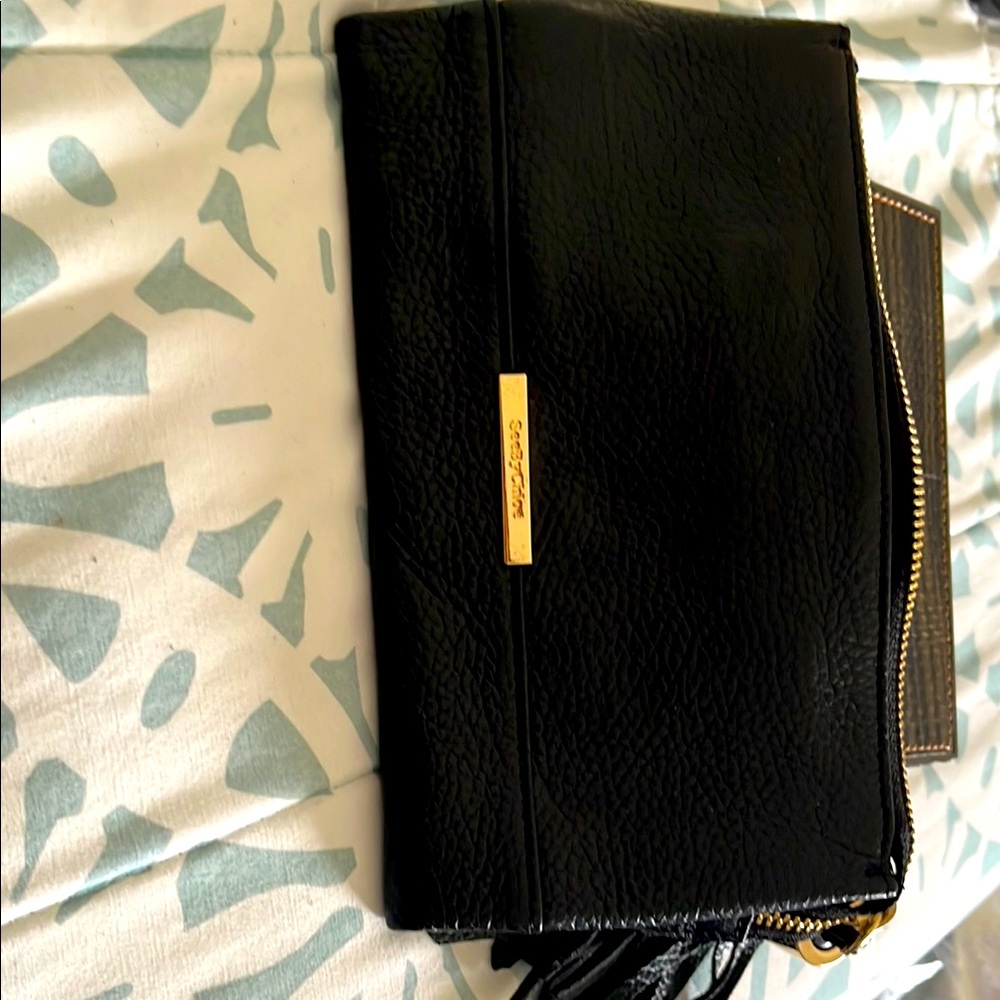 Black Chloe Leather Clutch with Gold Accents